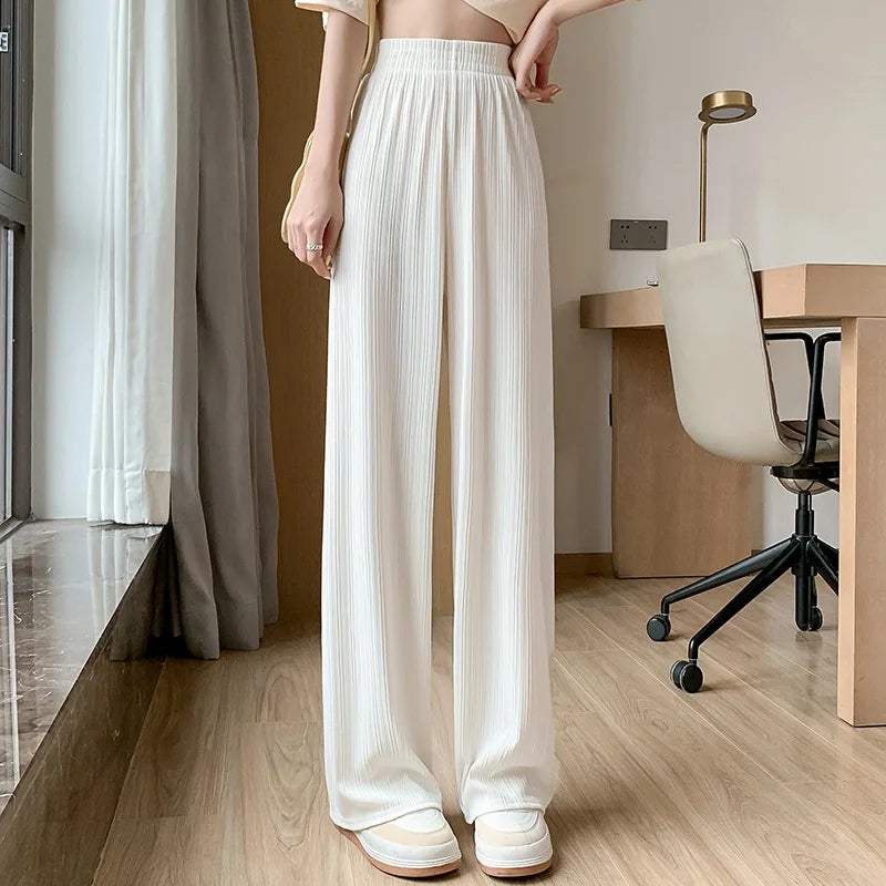 Spring Summer Ice Silk Wide Leg Pants for Women Korean Thin Chiffon High Waist Saggy Loose Straight Casual Fashion Trousers