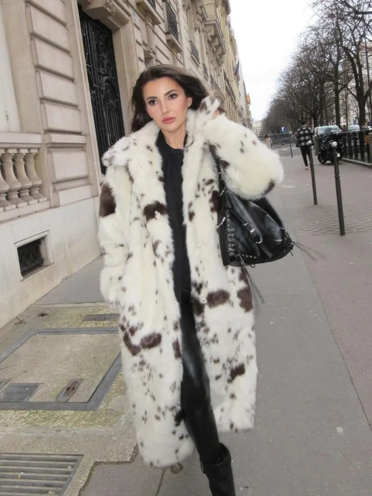 Spotted Faux Fur Effect Long Coat Leopard Printed Toka Suit Collar Women's Fluffy Overcoat Fashion Elegant Plush Outwear Winter