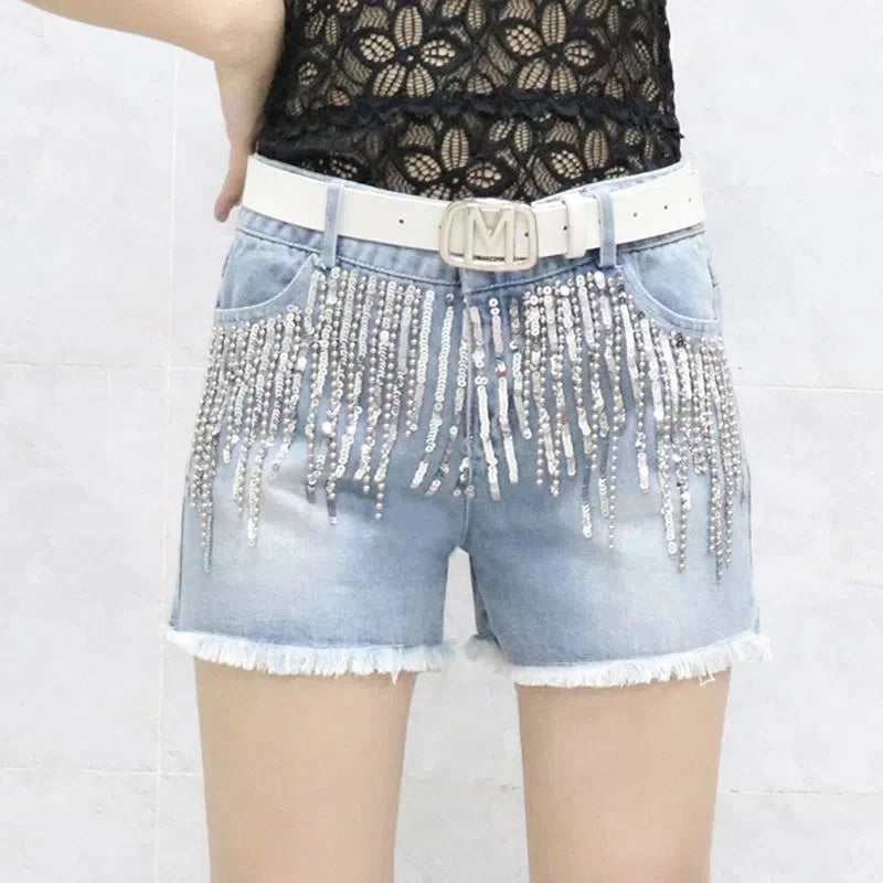 Black Sequins tassels Denim Shorts Women's Streetwear 2023 Summer New Korean Slim Chain Trend Hot Pants White Casual Short Jeans