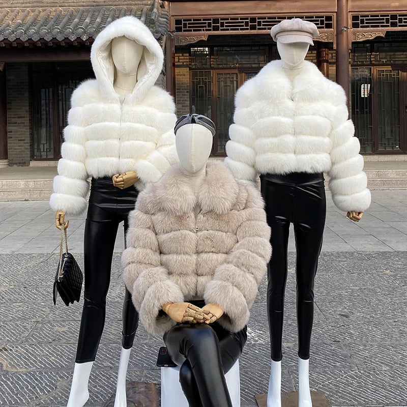 New Style Fur Coat Woman Real Fox Fur Coat Collar Hood Full Length Sleeves Natural Fur Jacket Autumn And Winter Clothing