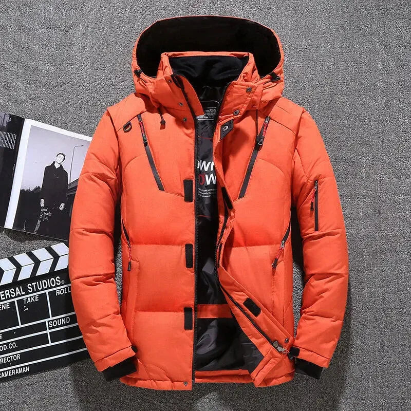 Men's Casual Fashion Padded Thickened Cold Hooded Down Jacket Outdoor Multi-Functional Large Mouth Thick Solid Color Zipper Coat