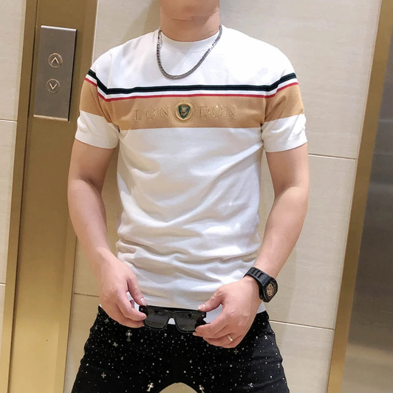 British Style Summer Men's Casual T-shirt Fashion Short Sleeve Slim Knitted T-shirt Male Round Neck Business Social Men Clothing