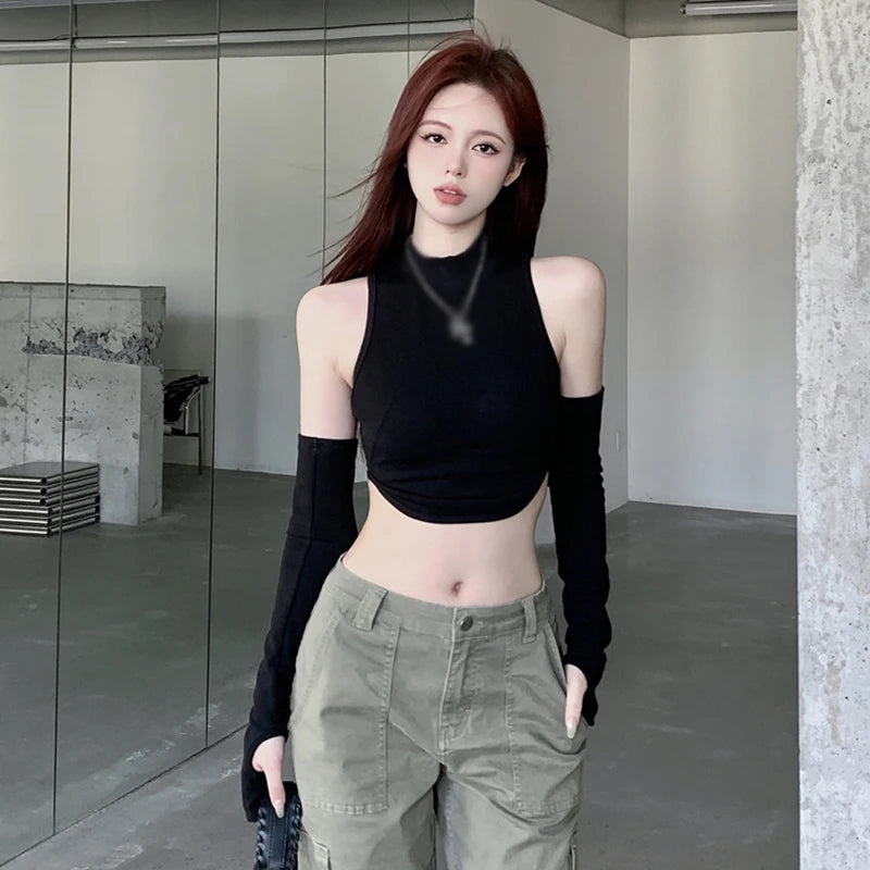 Spring Autumn Y2K Women's Crop Top Korean Version Black Sexy Casual Expose Navel With Sleeves T Shirt Solid