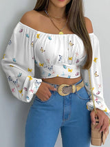 Women's Sexy Off-Shoulder Printing Blouses Chic and Elegant Lantern Long Sleeve Lace Up Bow Cropped Tops Casual Slim Shirts