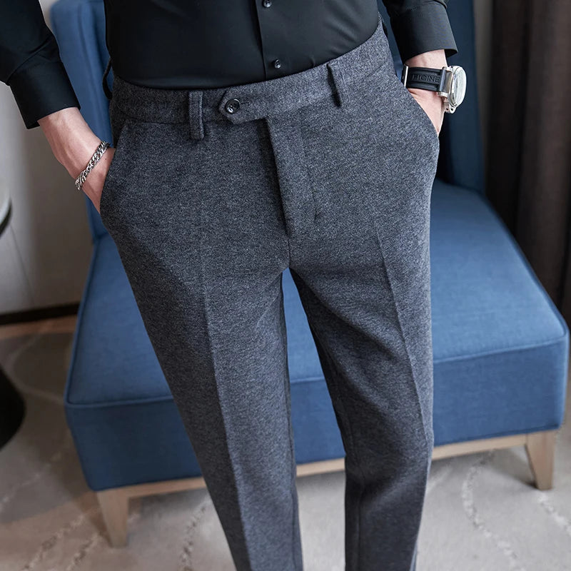 QJ CINGA New Grey Men's Woolen Pants, Autumn/Winter Thick Trousers Men, Slim Business Pantalones Hombre Fashion Slacks