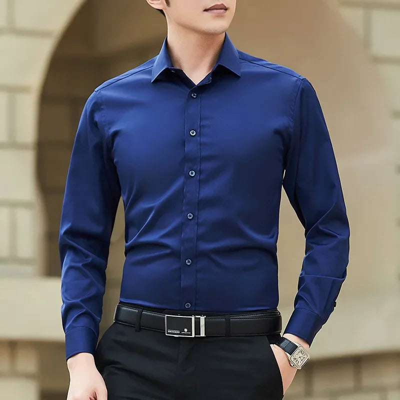 Men Solid Color Business Shirt Long Sleeve Shirt Fashion Classic Basic Casual Slim White Spring Autumn