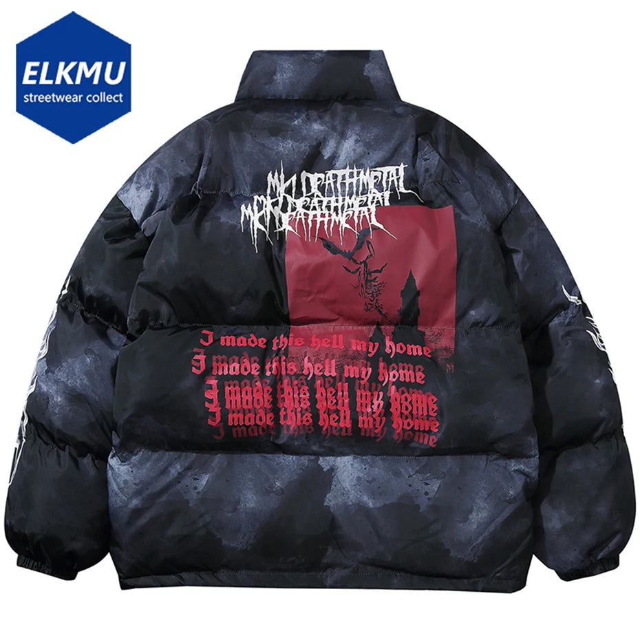 Oversized Hip Hop Parkas Padded Puffer Jacket Men Winter Warm Coat Letter Graphic Tie Dye Streetwear Jackets Y2K Parkas Coats