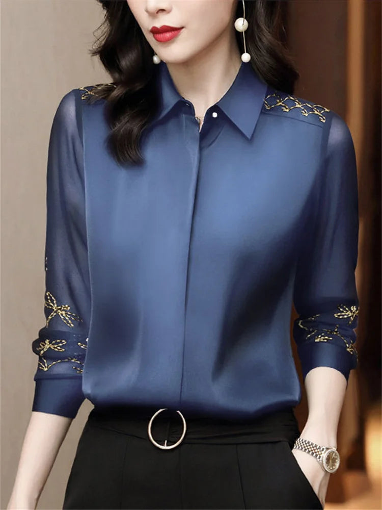 Women Spring Autumn Style Chiffon Blouses Shirts Lady Embroidery Long Sleeve Turn-down Collar Lace Decor Blusas Tops