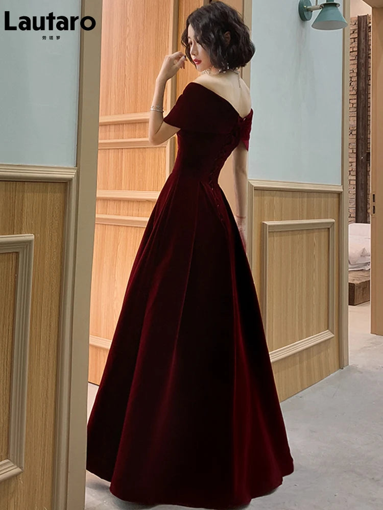 Lautaro Spring Long Luxury Elegant Wine Red Soft Velvet Evening Party Wedding Dresses for Women Off Shoulder Maxi Dress