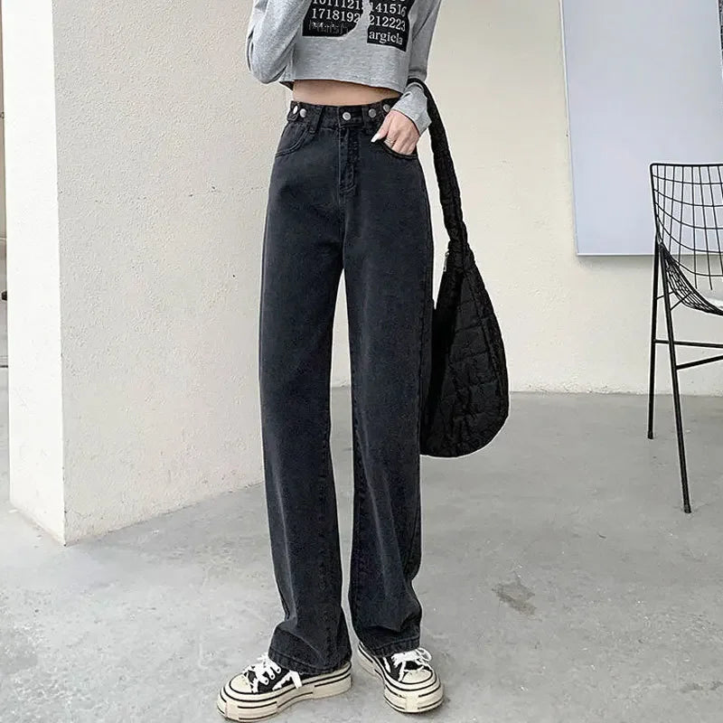 Loose Women Jeans High Waist Design Adjustable Straight Crotch Retro Style Trousers Cotton Fabric Comfortable Casual Style