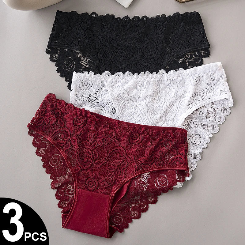 3PCS/Set Luxury Floral Embroidery Lace Panties Women Briefs Sexy Hollow Lingerie Female Underwear Ladies Breathable Underpants