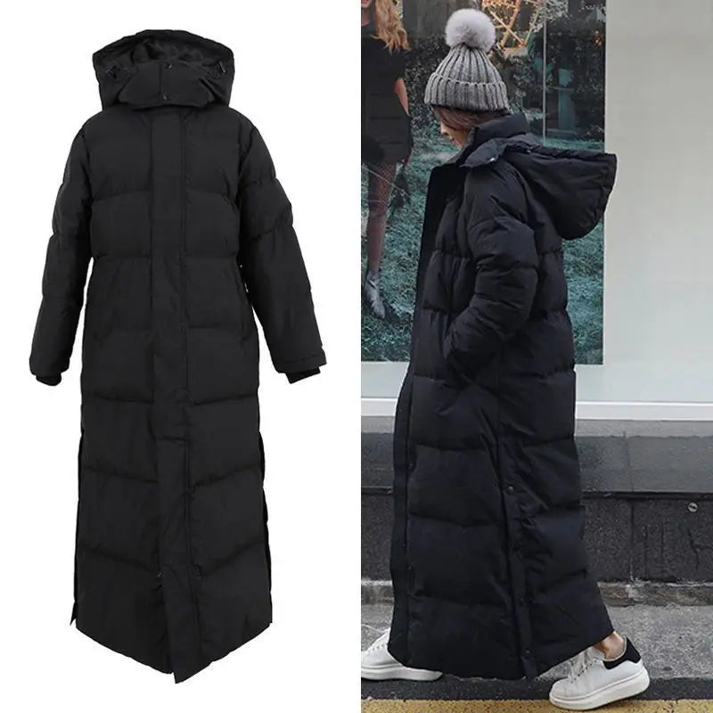 Down Parka Jacket Winter Black Extra Long Over Knee Jacket Women's Hooded Solid Color Pocket Thickened Warm Jacket Coat Women