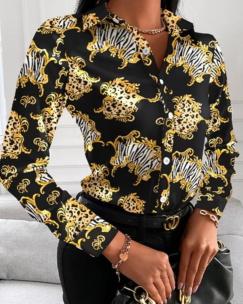 Women Fashion Wild Shirts Chain/Floral/Letter/Geometric Square Print Turn-Down Collar Long Sleeve Blouses