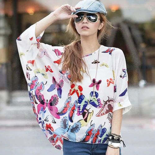 4XL 5XL 6XL Plus Size Blouse Shirt Women New Striped Print Summer Tops Tees Batwing Sleeve Casual Chiffon Blouses