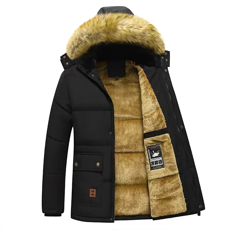 New Men Winter Autumn Work Outwearing Parka Black Fleece Lined Thick Warm Hooded Fur Collar Coat Male Size 5XL Plush Jacket