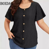 5XL Plus Size Summer Hollow Out Black White Tops Women Loose Casual Button Ladies Solid Short Sleeve Fashion Woman T-Shirts