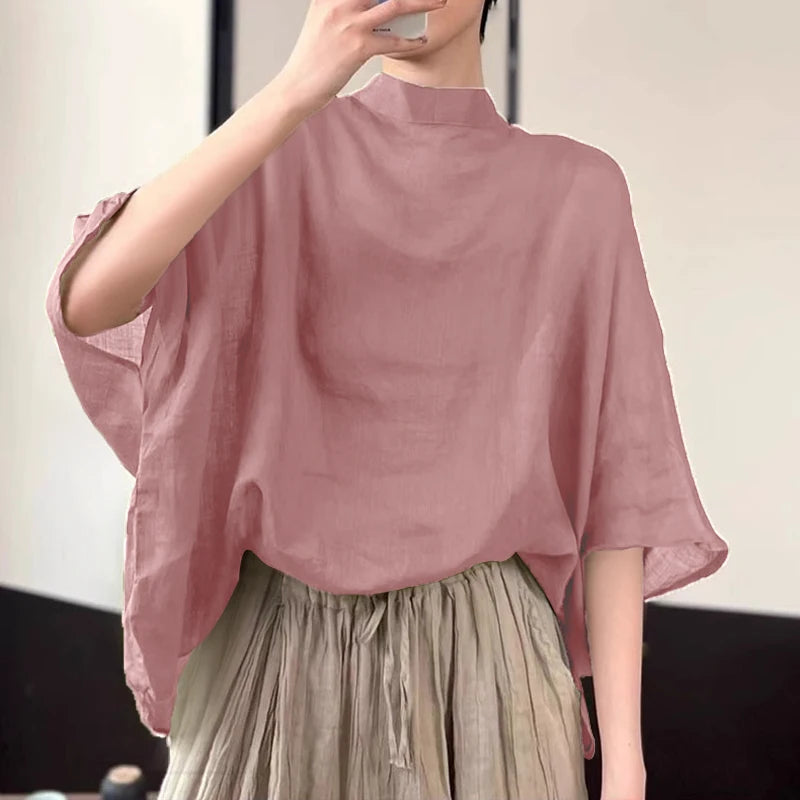 Women Bat Half Sleeve Blouse Summer Asymmetrical Tops Thin Stand Collar Tunic Casual Loose Transparent Tops Oversize