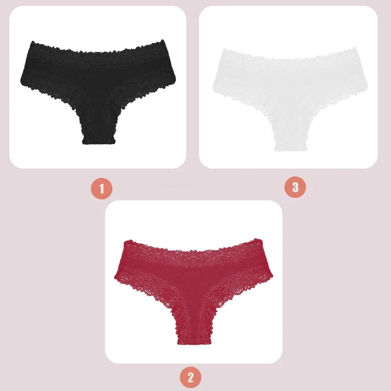 3PCS Lace Seamless Cotton Panties Ribbed Brazilian Pants Low Waist Women Panties Breathable Girls Underwear Plus Size Lingerie