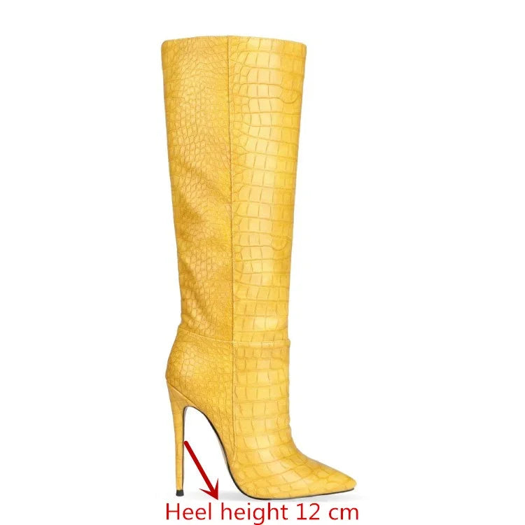 Pointed Toe Stiletto Boots for Women, Snake Pattern Sleeve, Long Tube Shoes, European and American Fashion, Winter