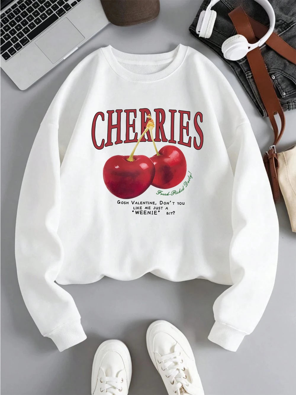 Fashion Womens Sweatshirt Fresh Red Cherries Printing Pullover Crewneck Fleece Soft Breathable Hoodie Autumn Female Streetwear