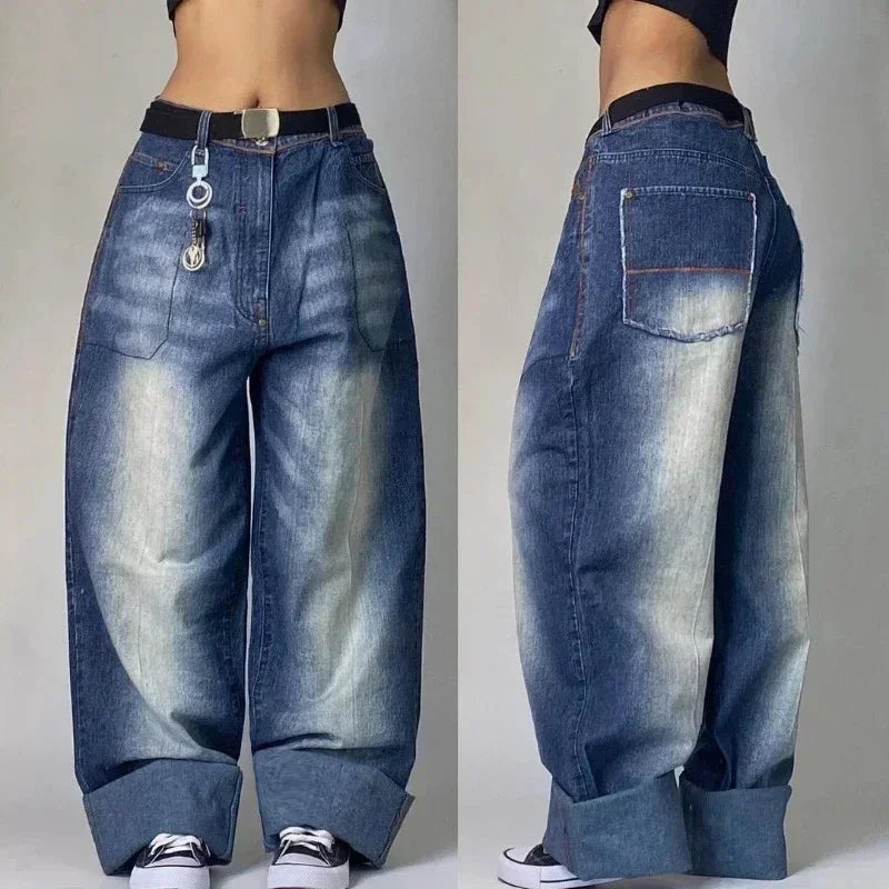 American Hip Hop Retro Gothic Print Jeans Women Y2K New Street Selling Fashion Loose Straight Wide Leg Pants Unisex Joker Jeans