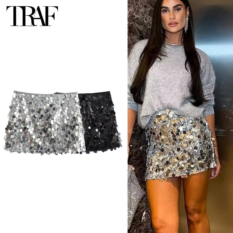 TRAF Sequin Mini Skirt Women Luxury High Waist Skirts for Woman Fashion Summer Women's Skirt Streetwear Glitter Short Skirt