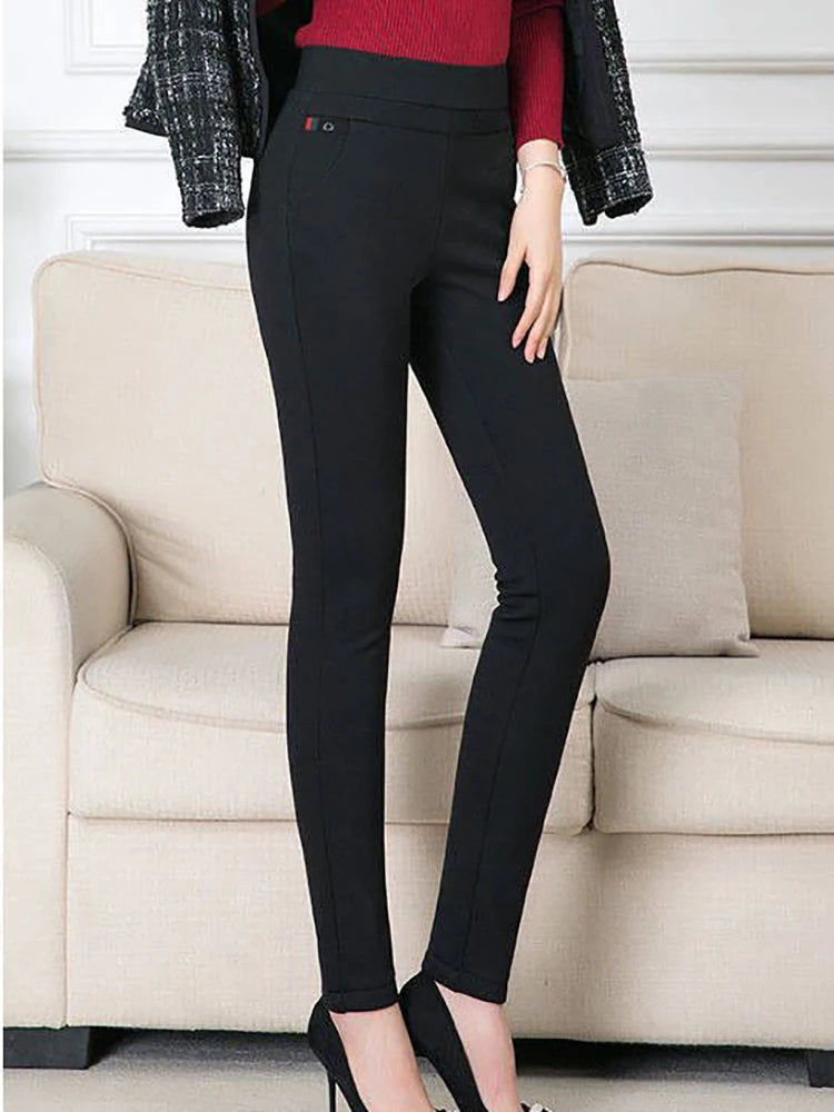 Women's Pant Fleece Thick Thin Black Formal Autumn Winter Slim Femal Clothing Elastic Basics Pencil Pants Office Lady Trousers