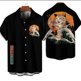 Fashion Men's Clothing Cool Samurai Cat Tops Summer New Men's Clothing Casual Short-Sleeved Anime Loose Blouse Hawaiian Shirts