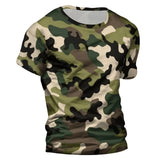 Military-Inspired 3D T-shirt with Green, Black, and Brown Camo Print