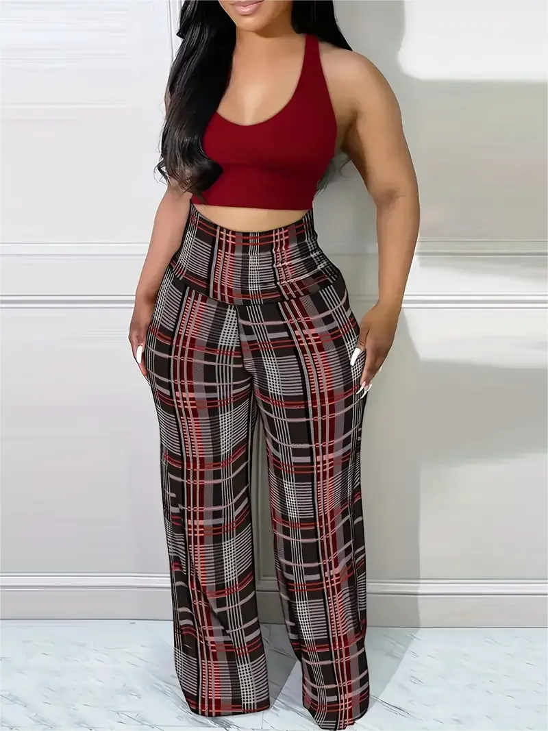 Women's Plaid Wide Leg Pants  High Waist Casual Loose Trousers for Spring  Summer