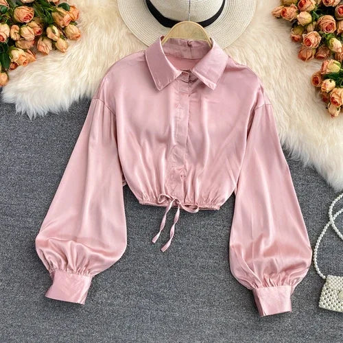 tops woman blouse polo shirts satin long sleeve women blouse female shirt harajuku sexy pleated tee