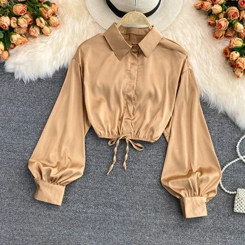 tops woman blouse polo shirts satin long sleeve women blouse female shirt harajuku sexy pleated tee