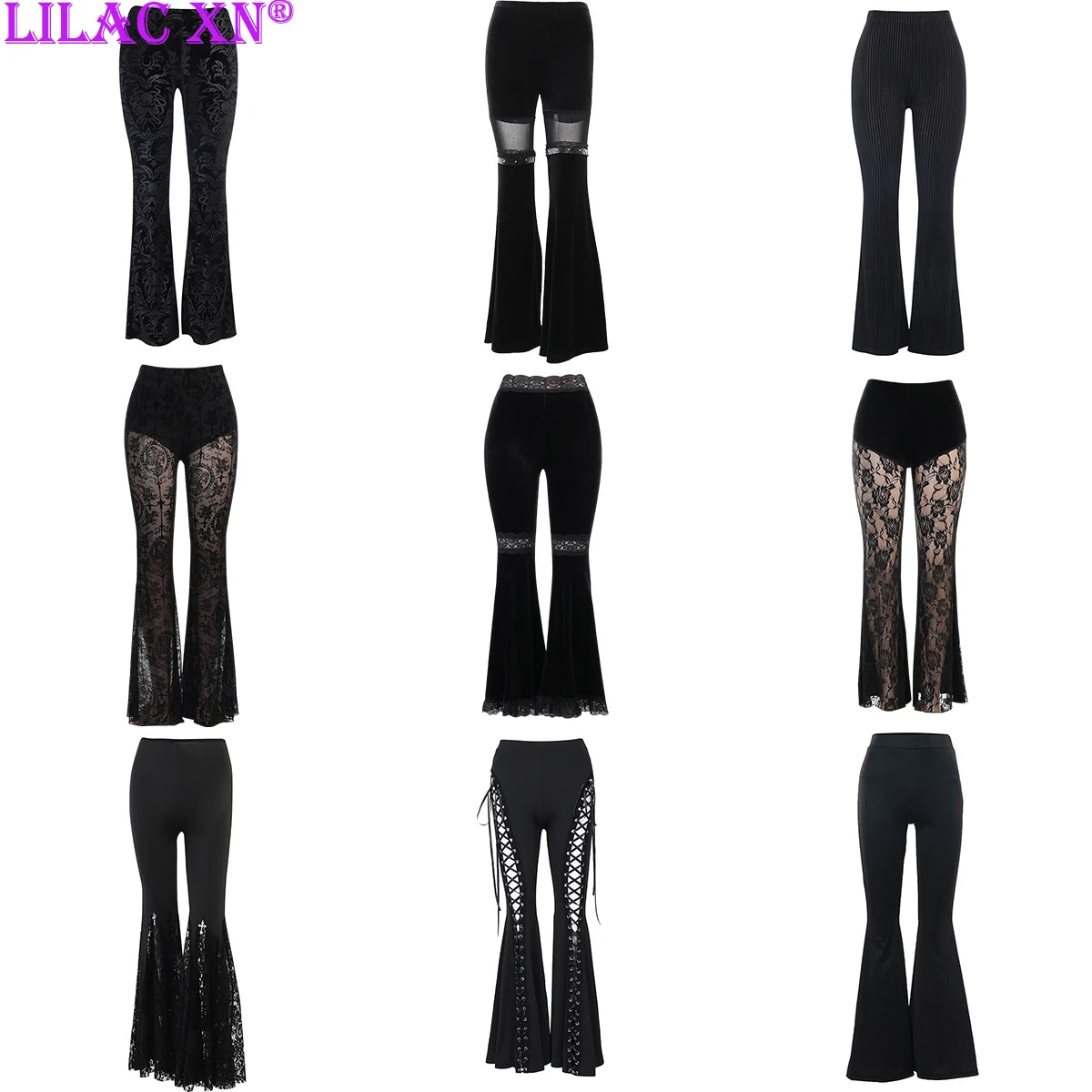 Y2K Gothic Black Lace Mesh Flared Pants Sexy Harajuku Aesthetic See Through Long Trousers Vintage Women Summer Pants Streetwear