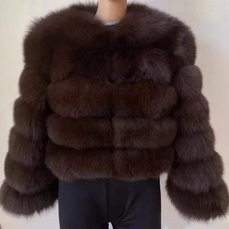 Faux Fox Fur Coat Women Winter Long Sleeve Luxury Raccoon Fur Jackets Thick Top Female Furry Coat Fluffy Synthetic Top Outwear