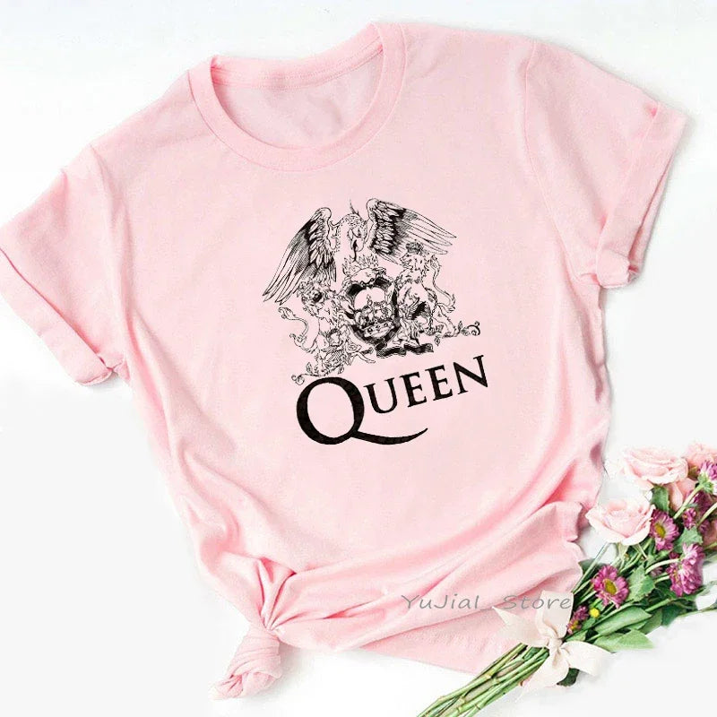 Rock Queen Band Tshirt Women Freddie Mercury Print Vintage T Shirt Aesthetic Clothes Summer Top Female Pink Graphic T-Shirts