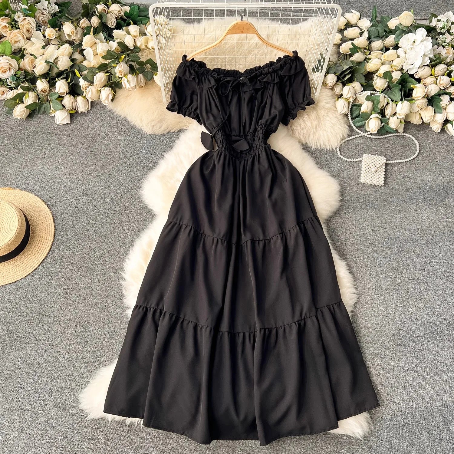 YuooMuoo Summer Vacation Slim Elastic Waist Long Dress Women Elegant Off Shoulders Big Swing Maxi Beach Dress Party Robe Femme