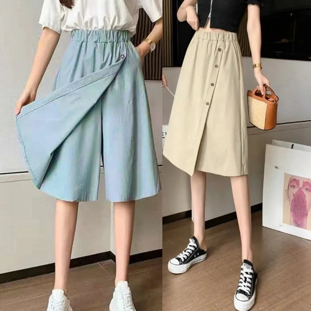 Women High Waist Irregular Knee Length Skirt Pants Office Lady's All-Match Loose Oversize Button Pockets Wide Leg Pants Elegant