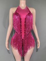 Sparkly Rhinestones Sequins Fringes Leotard Sexy Tassel Bodysuit One-piece Dance Costume Dancer Performance Show Stage Wear