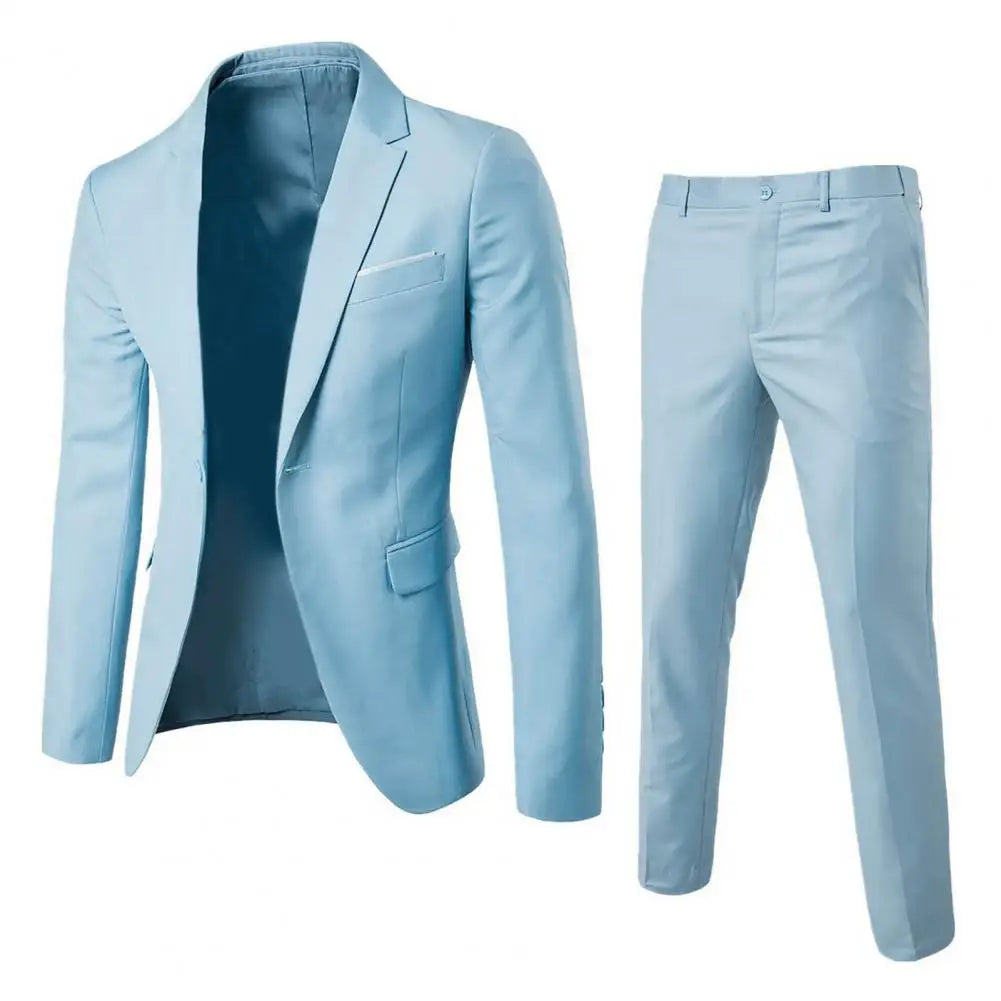 1 Set Men Blazer Pants Solid Color Long Sleeve Slim Fit Turndown Collar Temperament One Button Pockets Suit Set Men Clothes