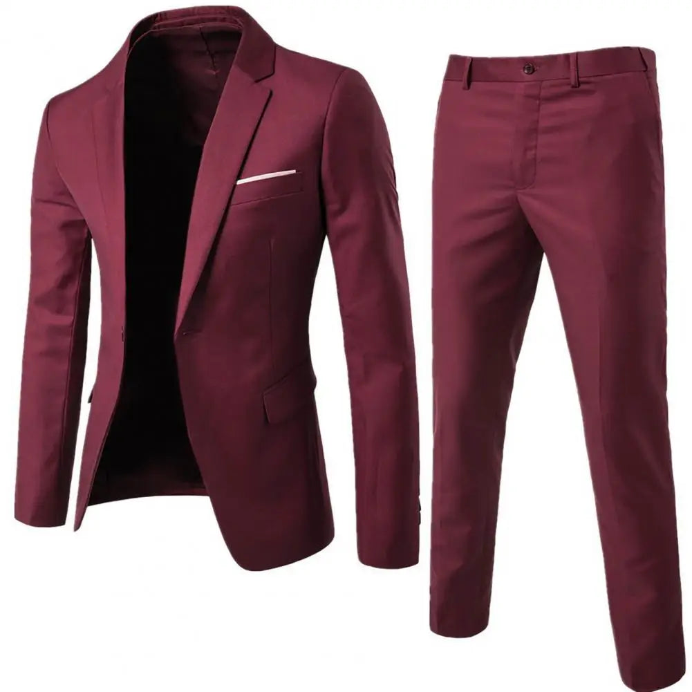 1 Set Men Blazer Pants Solid Color Long Sleeve Slim Fit Turndown Collar Temperament One Button Pockets Suit Set Men Clothes