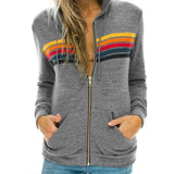 Donsignet Women Hoodies Coat New Casual Rainbow Hooded Sweatshirts Fashion Zip-up Striped Cardigan