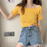 Off The Shoulder Top Women Knitted Sexy Short Sleeve Slim Fit T-Shirts Crop Top Y2k Top Summer Clothes Korean Casual Tees Female