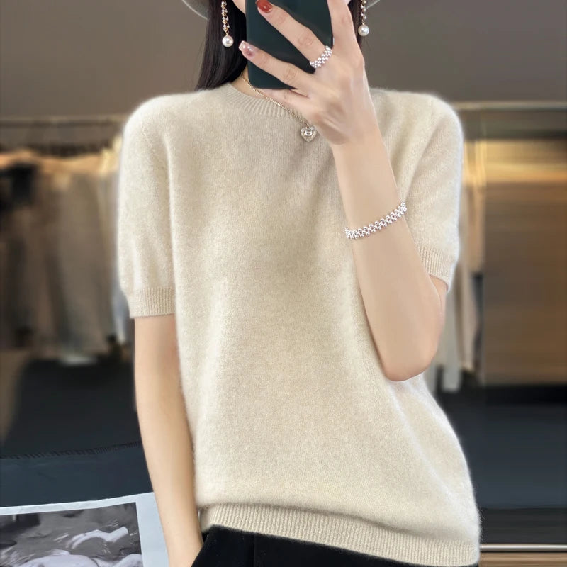 Fashion short half sleeve cashmere women's sweater 100% pure merino wool round neck pullover T-shirt