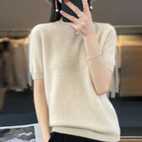 Fashion short half sleeve cashmere women's sweater 100% pure merino wool round neck pullover T-shirt