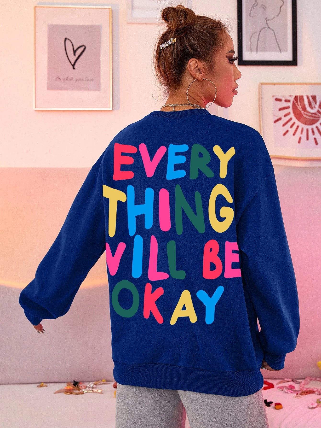 Fashion Womans Sweatshirt Everything Will Be Okay Letter Printed Pullover Loose Warm Crewneck Hoodies Casual Female Clothing