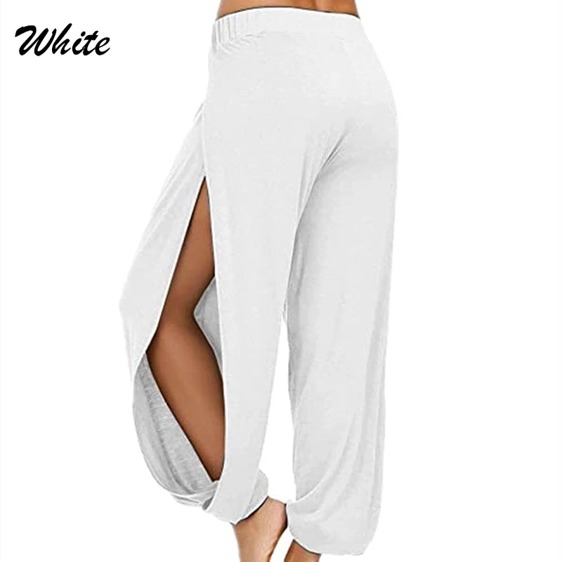 Women Fashion Yoga Pants High Waisted Slit Wide Leg Haren Pants Gym Leggings Casual Solid Hollow Workout Trousers Gym Home Wear