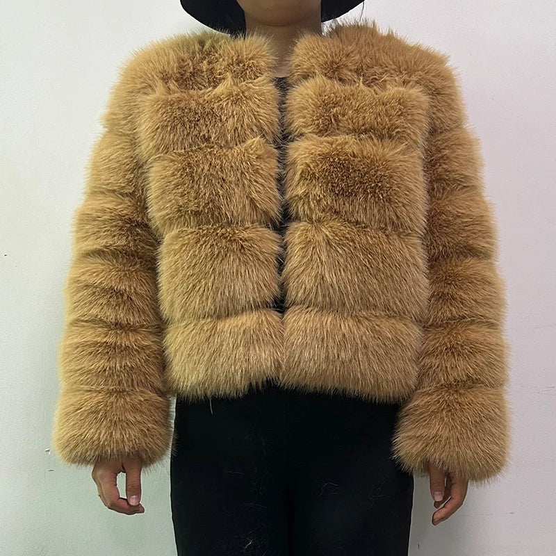 Faux Fox Fur Coat Women Winter Long Sleeve Luxury Raccoon Fur Jackets Thick Top Female Furry Coat Fluffy Synthetic Top Outwear