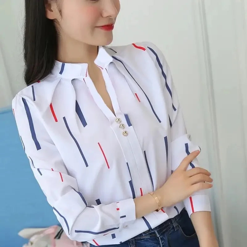 Women White Tops Blouses Fashion Stripe Print Casual Long Sleeve Office Lady OL Shirts Slim Blusas