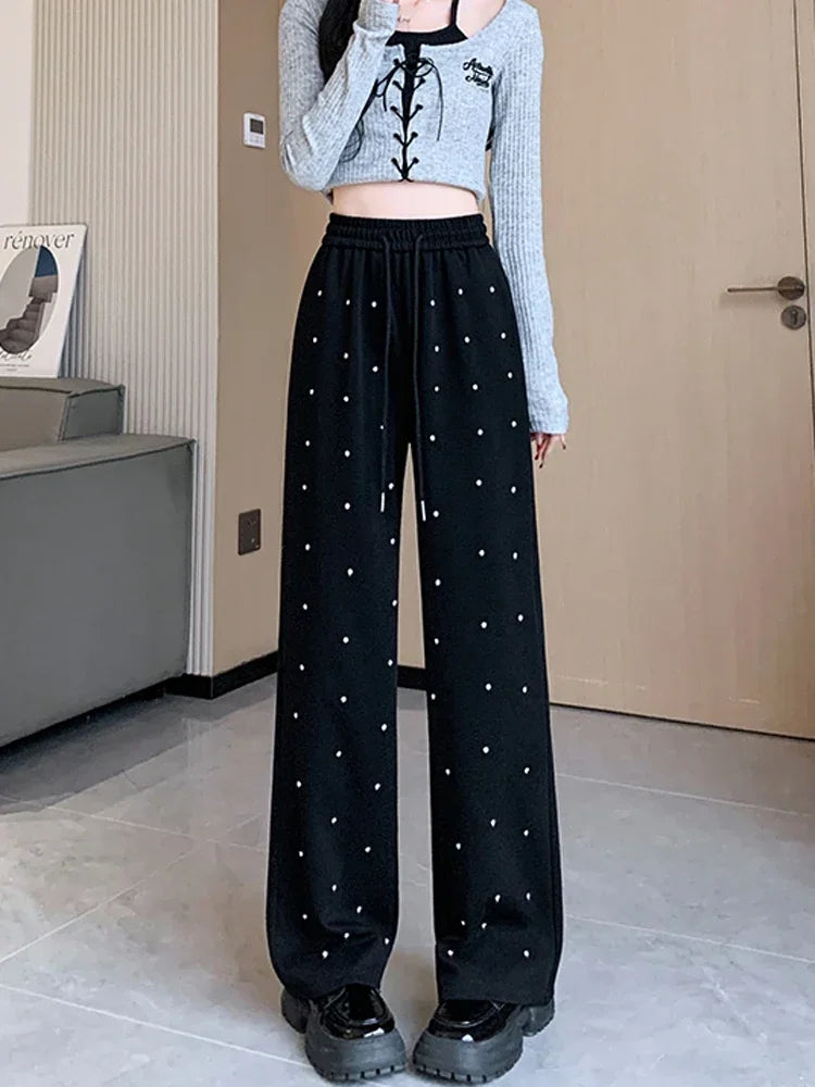 Heavy Industry Hot Diamond Wide Leg Pants for Women's Spring New Casual High Waist Loose Straight Tube Drop Floor Dragging Pants