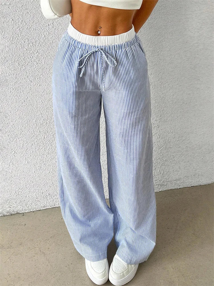 Women's Casual Striped Woven Wide Leg Pants Fall Winter Casual Stylish Full Length Trousers Y2K Clothes Streetwear